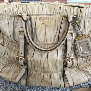 Prada Nappa Gaufre’an Ruched Leather Tote in Camel
